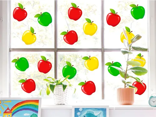 Miniatura 8 de Whaline 9 hojas coloridas de manzanas para ventana, calcomanías de doble cara para ventana de regreso a la escuela, manzanas de acuarela