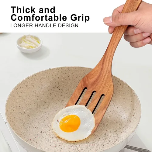 Miniatura 4 de 6 piezas del mejor juego de espátulas planas de madera Set de cuchara de madera de teca para utensilios de cocina volteador ranurado espátula