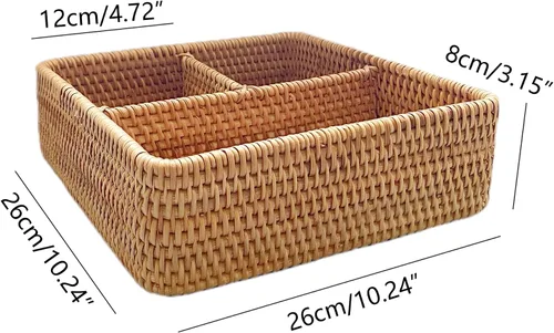 Miniatura 2 de i-lan Caja de almacenamiento tejida a mano de ratán con 3 compartimentos, 10.6 x 10.6 x 4 pulgadas, cesta dividida para servir botellas y utensilios