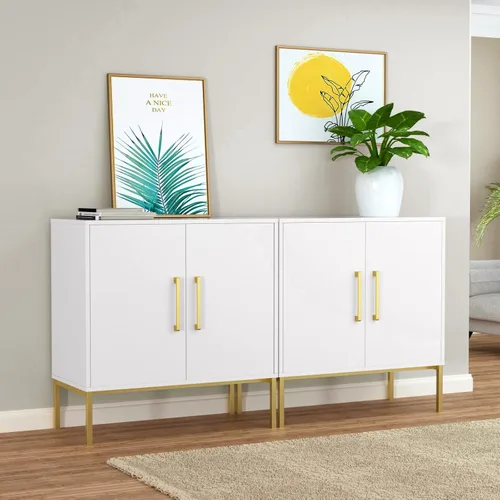 Miniatura 12 de JOZZBY Aparador de buffet con almacenamiento, gabinete de madera moderno con estantes ajustables, gabinetes negros y dorados para sala de estar