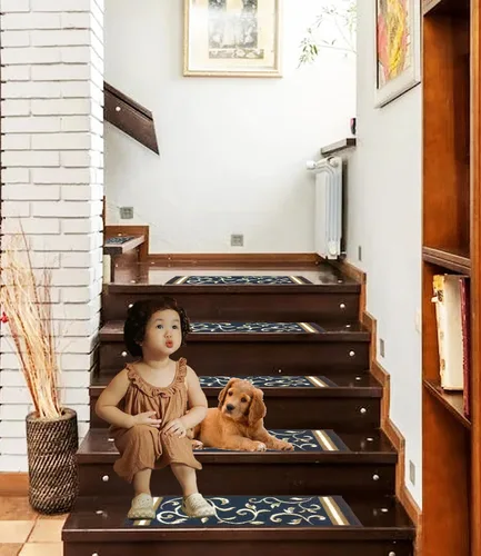 Miniatura 8 de Gloria Peldaños Antideslizantes con Respaldo de Goma de Pelo Bajo, Alfombrillas para Escaleras, (Juego de 7), (8.5" x 26", Azul Marino 1933)