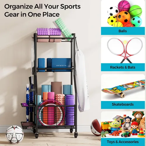 Miniatura 5 de Estante de Almacenamiento de Equipo Deportivo y Juguetes con Ruedas, Organizador de Pelotas de 3 Niveles para Pelotas, Raquetas y Equipo Deportivo