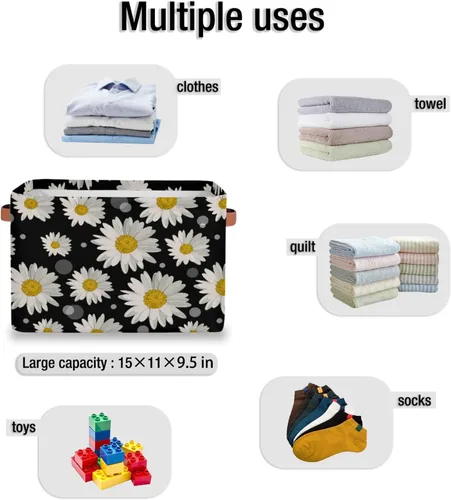 Miniatura 5 de Pardick Cesta de almacenamiento de margaritas, cubos rectangulares plegables con asas para dormitorio, guardería, hogar, oficina, decoración, cesta
