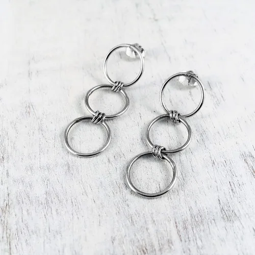 Miniatura 3 de Handmade Sterling Silver 925 Triple Open Circle Link Dangle Stud Post Earrings, Light Weight Three Ring Geometric Design, Polished finish