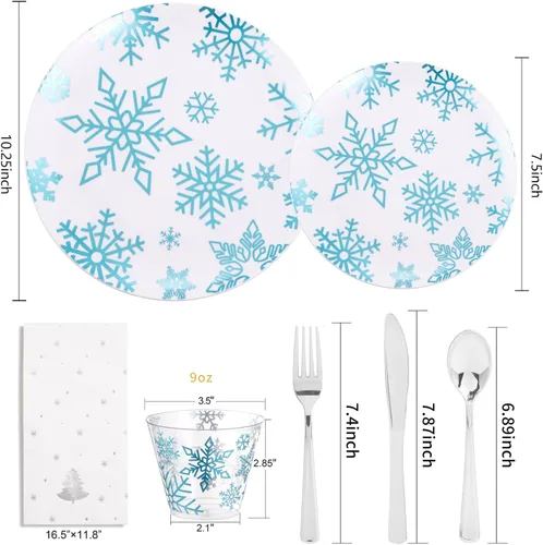 Miniatura 5 de WDF Juego de 175 piezas de platos y servilletas navideños desechables para 25 invitados, platos blancos y azules con cubiertos, vasos con copos