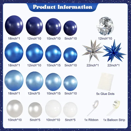 Miniatura 4 de Kit de arco de guirnalda de globos de color azul, blanco y plateado, 140 piezas globos de confeti azul marino claro metálico plateado y blanco