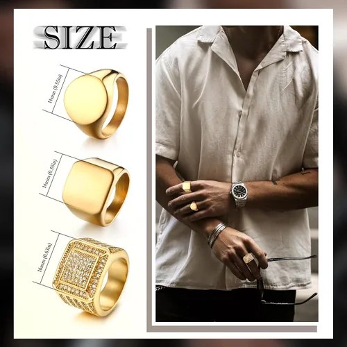 Miniatura 2 de Dochais 3 anillos de sello para hombres y mujeres, anillos chapados en oro de 14 quilates, anillos de acero inoxidable para hombres, anillos de oro
