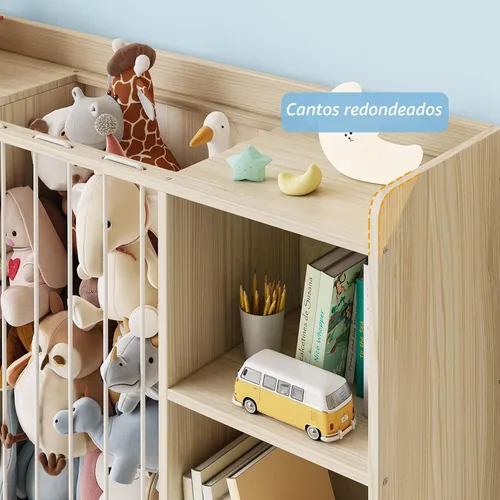 Miniatura 7 de EXPERLAM Organizador de almacenamiento de juguetes 4 en 1 con almacenamiento de animales de peluche, estantería de pino macizo para niños y estante