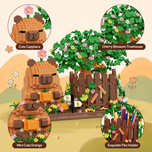 Miniatura 3 de HIGH GODO Capybara - Juego de construcción de portalápices con flores, 2 en 1, lindo organizador de capybara, decoración para bolígrafos, decoración