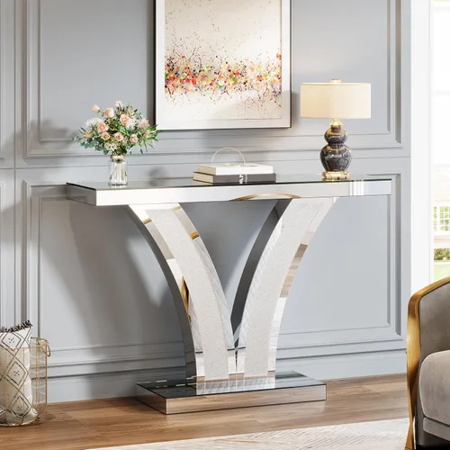 Miniatura 3 de Tribesigns Mesa de consola con espejo, moderna mesa de sofá de entrada plateada con marcos de incrustaciones de cristal para sala de estar, pasillo