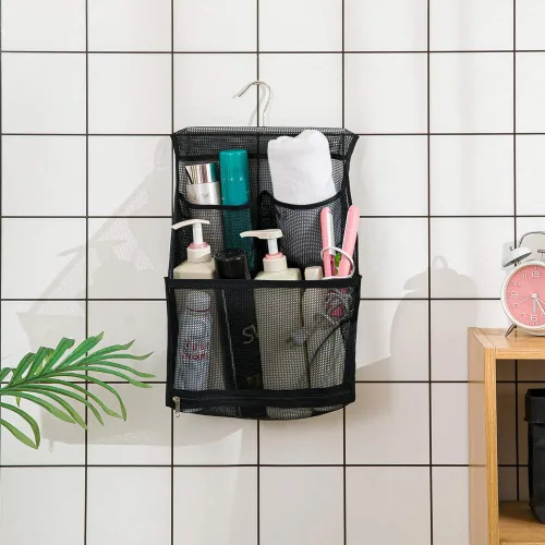 Miniatura 7 de ALYER Bolsa organizadora de juguetes de baño de malla colgante, organizador grande de almacenamiento para ducha con colgador duradero (negro)
