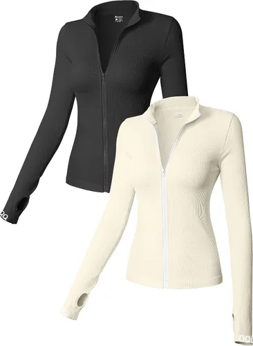 OQQ Camiseta corta de 2 piezas para mujer, manga larga, cuello alto, cremallera frontal, elástica, ajustada, para mujer