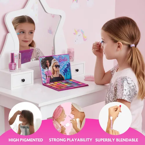 Miniatura 8 de Barbie - Paleta de Sombras de Ojos de 35 Compartimentos, Colores Brillantes y Opacos, Pigmentada Mezclable, 8 Pinceles de Aplicación, Para Edades
