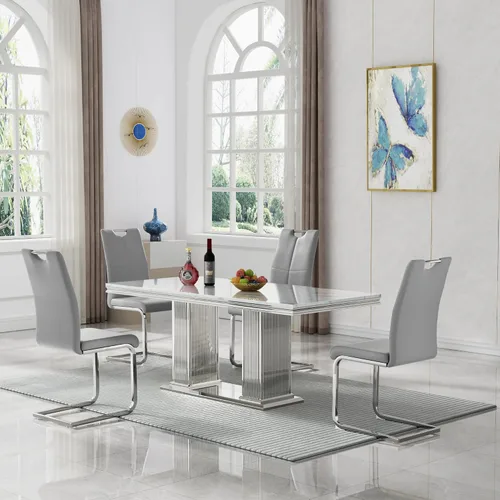 Miniatura 53 de 5 Piece Black Marble Dining Table Set for 4, Modern Faux Marble Kitchen Dining Room Tables with 4 Leather Chairs Set, 68.11" Luxury Rectangular
