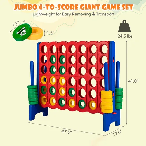 Miniatura 5 de HONEY JOY Juego gigante gigante de 4 a punta, juegos gigantes para patio al aire libre para la familia, 42 anillos jumbo y deslizador de liberación