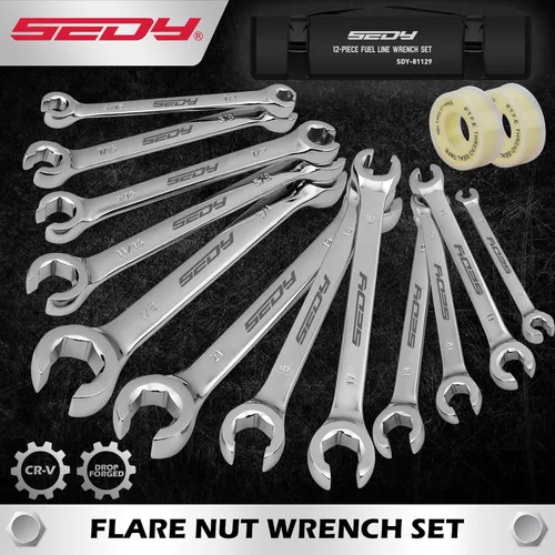 Miniatura 8 de SEDY Juego de 14 llaves para tuercas acampanadas con cinta PTFE, llave de línea de freno métrica y SAE con desfase de 1/4"-7/8" & 9-21mm, juego