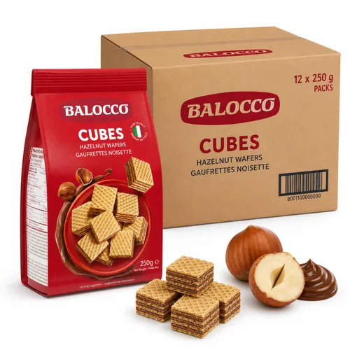 Miniatura 6 de Balocco Galletas en forma de cubo de obleas de avellana 8.8 oz (250 g) Galletas de oblea cuadradas italianas crujientes con 4 capas de crema