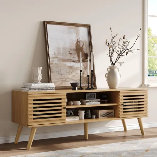 Miniatura 11 de Furnify Soporte de TV moderno de mediados de siglo de 53 pulgadas para TV de 50/55/60 pulgadas, consola multimedia de TV con puertas de listones