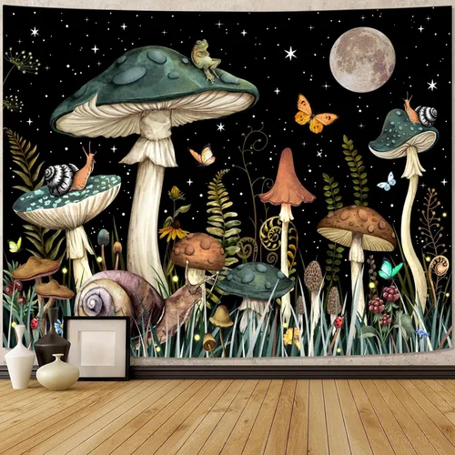 Miniatura 11 de Zussun Tapiz de hongo rojo, tapices de luna y estrella para dormitorio, estética de color beige, noche estrellada, planta verde, tapiz de pared