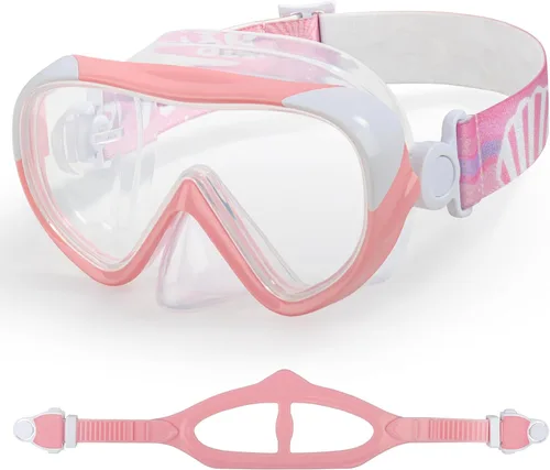 Máscara de natación para niños, gafas de natación para niños de 180° antivaho, a prueba de fugas, con cubierta de nariz y correa de tela para edades