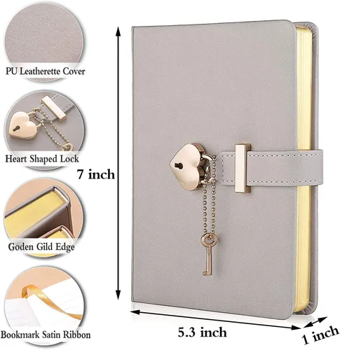 Agenda personalizada con cerradura y llave para niñas, tamaño B6 de 5.3 x 7 pulgadas, 290 páginas con bordes dorados, cierre de corazón dorado y