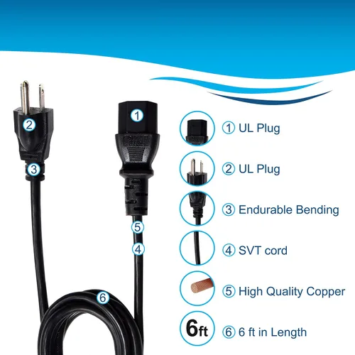 Miniatura 4 de HQRP Cable de CA – 6 pies 18 AWG – IEC C13 en ángulo recto a NEMA 5-15P – Listado UL – Reemplazo compatible con Sole F63 21034, F85 21016, XE850