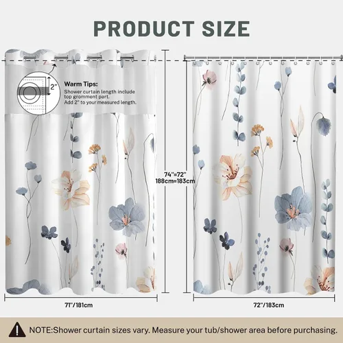 Miniatura 9 de WITHLOC Cortina de ducha sin gancho con forro a presión, cortina de ducha floral de acuarela, forro interior impermeable de tela, plantas azules