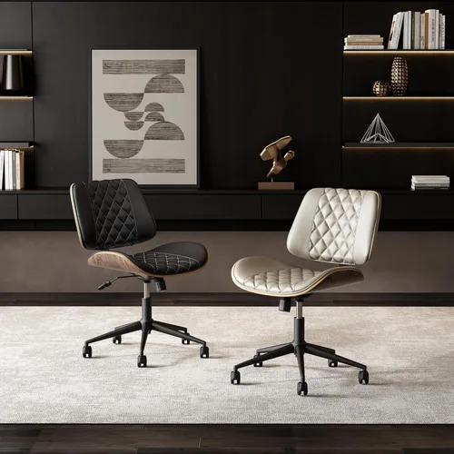 Miniatura 6 de Silla de oficina en casa, sin brazos con ruedas, silla de escritorio pequeña de altura ajustable sin brazos, silla de computadora de piel sintética