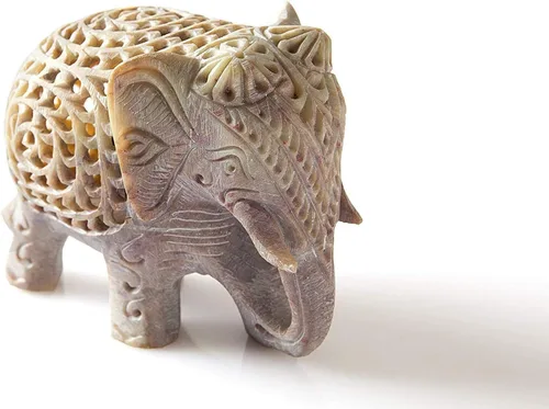 Figura de esteatita de elefante de la suerte con elefante en estatua del vientre, 4 pulgadas, hecha a mano en Jali o calado de un solo bloque de