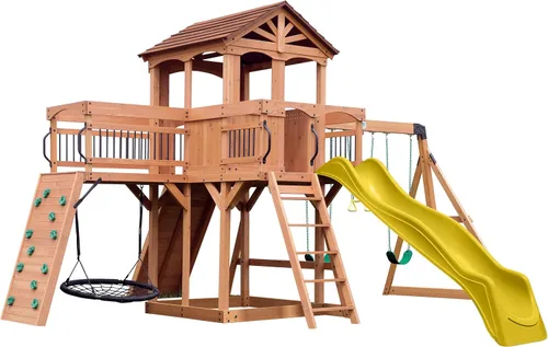 Miniatura 2 de Conjunto de columpios Backyard Discovery Sterling Point de madera de cedro con tobogán de ola, casa club elevada, puente de madera, pared de roca