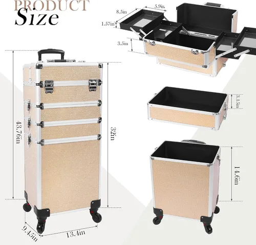 Miniatura 2 de Estuche de maquillaje profesional con ruedas, estuche de tren de maquillaje 5 en 1, carrito de maquillaje cosmético, estuche de cosmetología