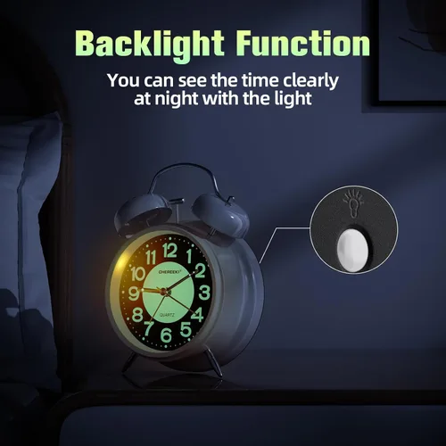 Miniatura 5 de CHEREEKI - Reloj despertador potente para personas que duermen profundamente, reloj analógico silencioso sin marcas con luz de fondo, esfera