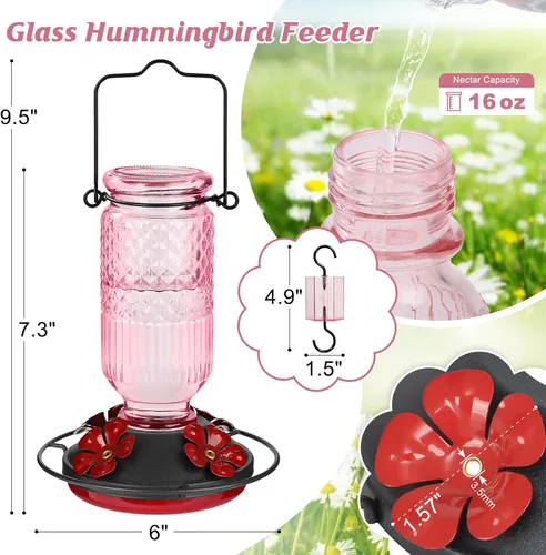 Miniatura 2 de Comederos de vidrio para colibríes FEED GARDEN para exteriores, comedero para colibríes rosa de 16 OZ con 4 puertos de alimentación con protección