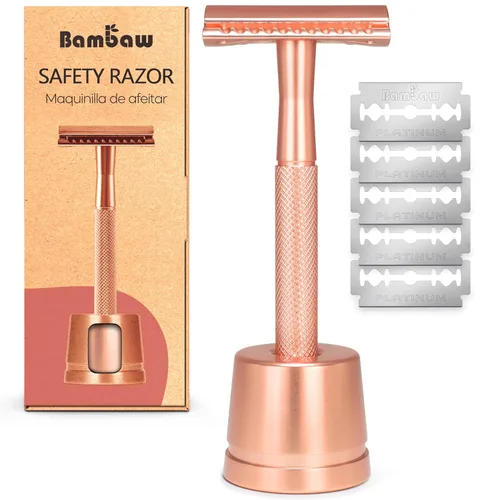 Miniatura 11 de Bambaw Maquinilla de Afeitar de Seguridad de Doble Filo para Hombres con Soporte, Maquinilla de Afeitar de Metal Reutilizable con 5 Cuchillas