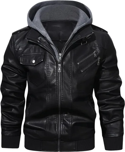 Hood Crew - Chaqueta bomber para hombre, casual, con cuello alto, cazadora de moto, de piel sintética de poliuretano, con cremallera y capucha Negro