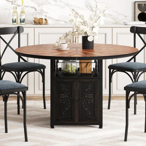 Miniatura 5 de Juego de mesa de comedor redonda de 47 pulgadas para 4-6 personas, juego de mesa de comedor grande de cocina estilo granja con sillas y estante