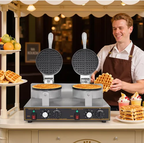 Miniatura 5 de Dyna-Living Máquina de gofres doble de 2400 W, para restaurante, antiadherente, redonda, waflera comercial, máquina de gofres grande para hotel
