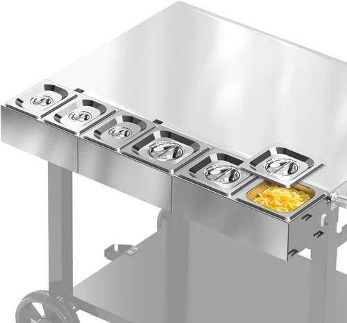 Estación de cobertura de pizza para mesa de horno de pizza, recipiente de pizza de acero inoxidable con 6 recipientes de condimentos con tapas, para