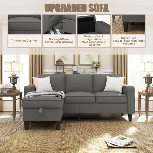 Miniatura 6 de ZeeFu Sofá para sala de estar – Sofá seccional en forma de L de lino beige de 78 pulgadas con otomana de almacenamiento – Moderno sofá tapizado