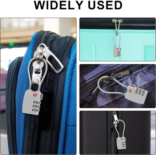 Miniatura 5 de Paquete de 5 cerraduras TSA para equipaje, aprobadas por la TSA, combinación de 3 dígitos, candados de viaje de la TSA, candados de cable Plateado