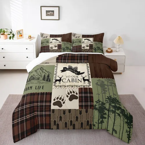 Miniatura 29 de Manfei Rutic Farmhouse - Juego de edredón tamaño King, juego de ropa de cama de retazos de madera a cuadros de ciervo, oso, árbol, 3 piezas