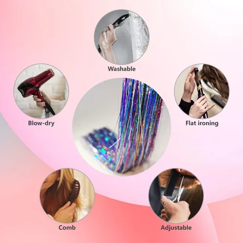 Miniatura 6 de Kit de oropel para el cabello con herramientas e instrucciones, fácil de usar, 12 colores, 2400 hebras de 48 pulgadas, extensiones de cabello de 12