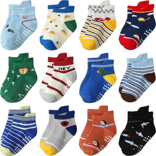 Miniatura 20 de Calcetines antideslizantes para bebés y niños pequeños, de algodón, 12 unidades, calcetines de tobillo lindos para recién nacidos, niños y niñas