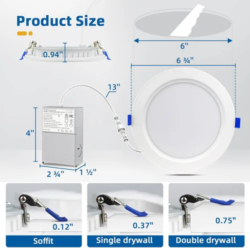 Miniatura 8 de LTBLIGHT Paquete de 4 luces LED empotrables de 6 pulgadas, 16 W MAX.2000LM Eqv.200W, 2700K/3000K/3500K/4000K/5000K seleccionables, luces empotrables