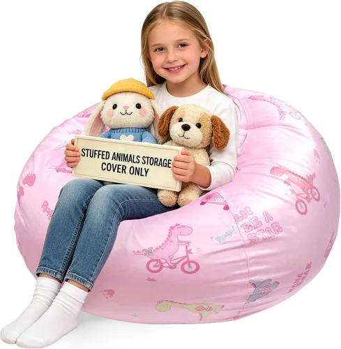 Miniatura 48 de Lukeight - Puf de almacenamiento de animales de peluche para niños, funda para puf de dinosaurio con cremallera para organizar la habitación