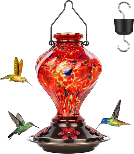 Miniatura 13 de BOLITE - Alimentador de colibríes, de vidrio soplado a mano, diseño torcido, para exteriores, con trampa para hormigas y cinco puertos de Azul