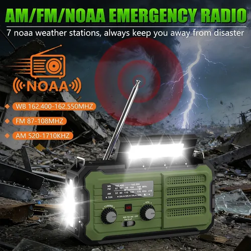 Miniatura 2 de Radio de emergencia con manivela solar, 10000 mAh/37000 mWh, radio meteorológica de emergencia, radios solares de manivela con NOAA/AM/FM, linterna