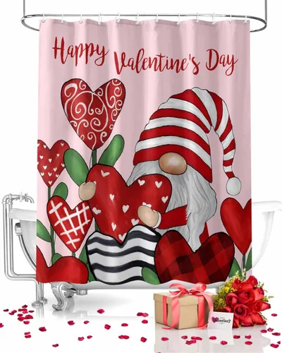 Cortinas de ducha feliz día de San Valentín para baño gnomos, cortina de ducha de tela con ganchos, juego de cortina de ducha con corazones y