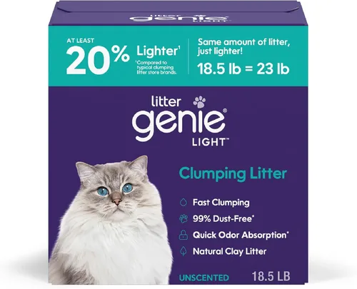 Litter Genie Arena ligera para gatos sin perfume, 18.5 libras, arena de arcilla natural para gatos, agrupación rápida, control de olores, bajo
