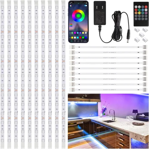 10 piezas de kit de iluminación RGB debajo del gabinete, luces de tira LED con control remoto y aplicación, luces LED de cambio de color con